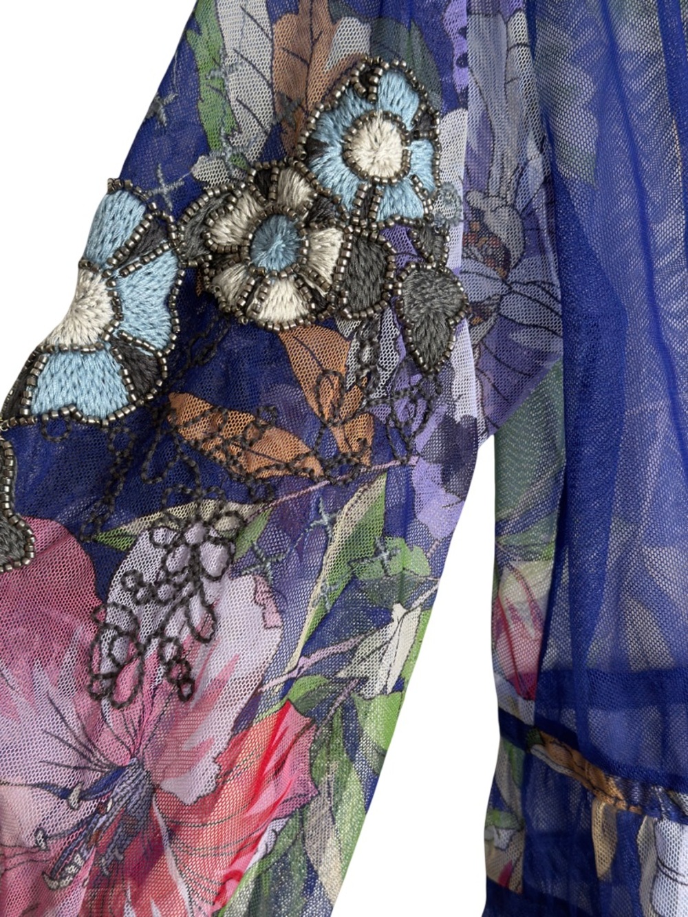 Johnny Was Embroidered Blue Floral Mesh Mazzy Embroidered Blouse Blue Size S - Picture 10 of 11